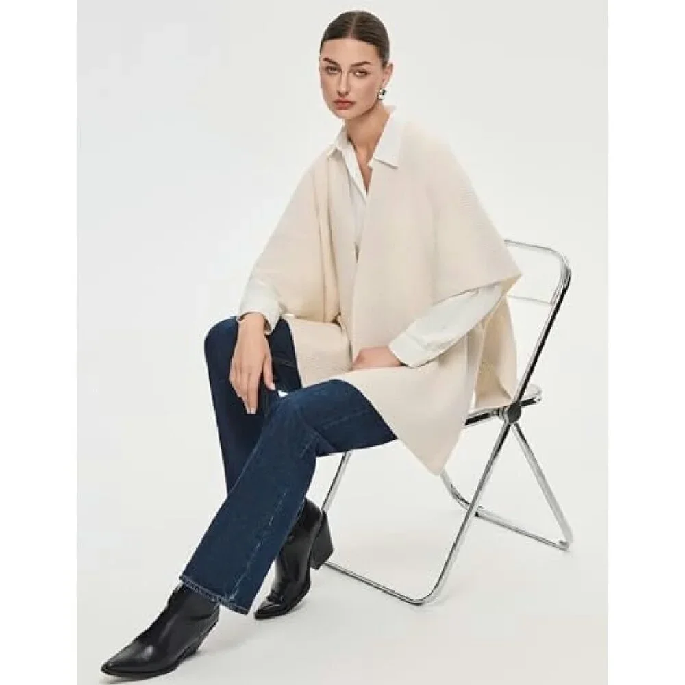 Chunky Ribbed Knit Open Front Poncho Wrap One Size Cozy Winter Sweater